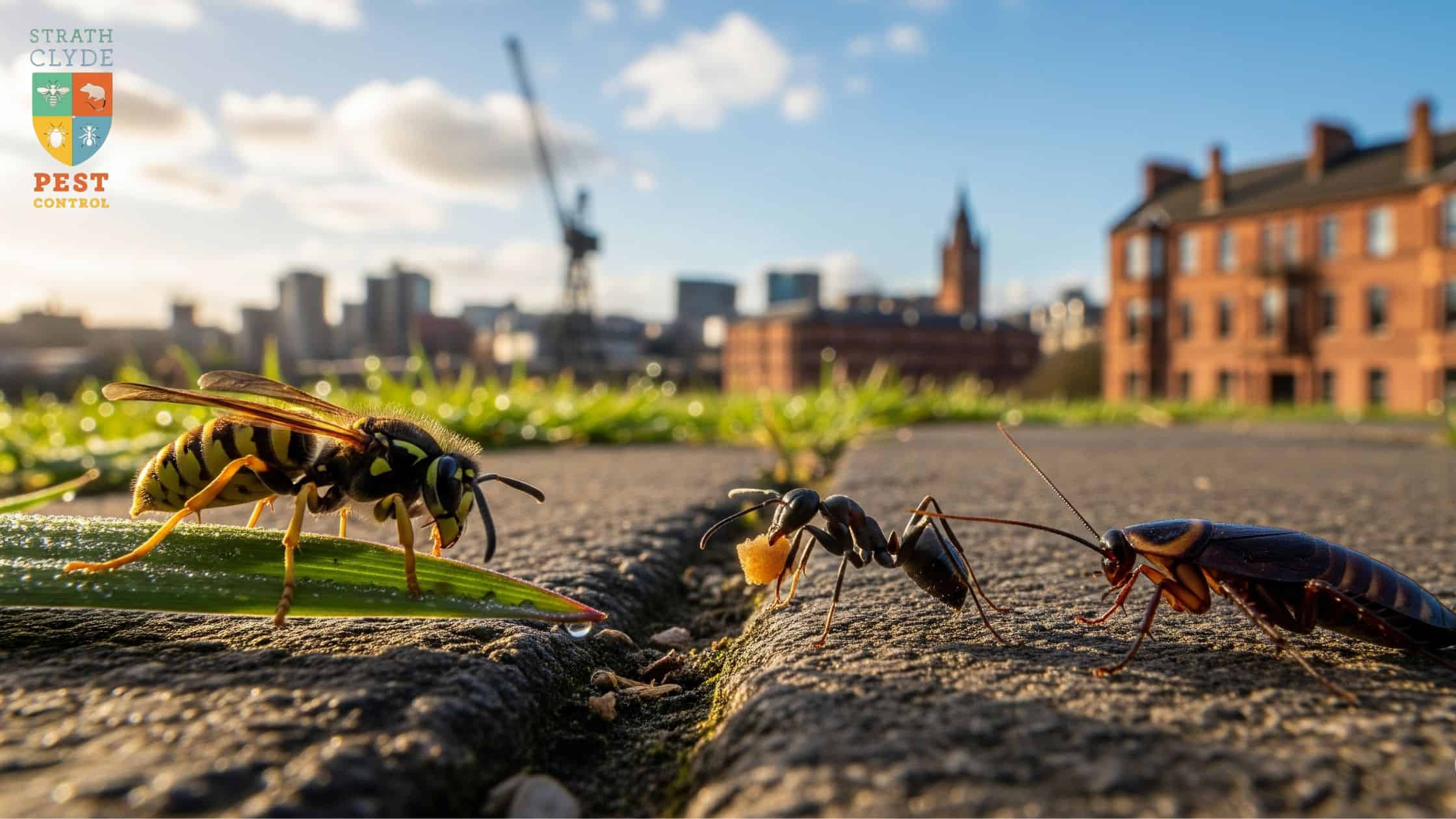 A close-up, ground-level view of a wasp, an ant, and a cockroach on a pavement, with the Glasgow city skyline in the blurred background.