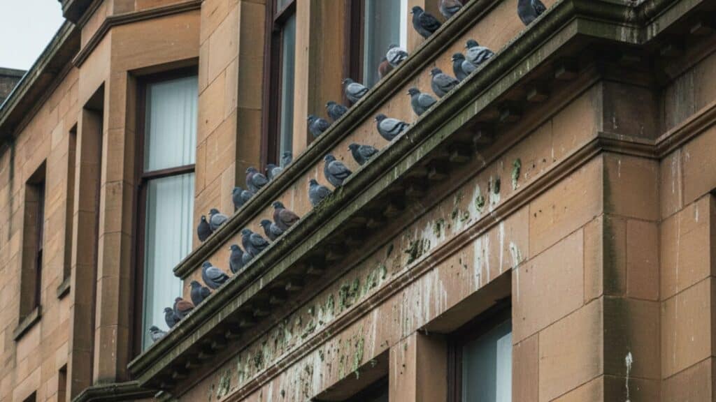 Pigeons roosting on a Glasgow tenement roof with droppings on stone ledges