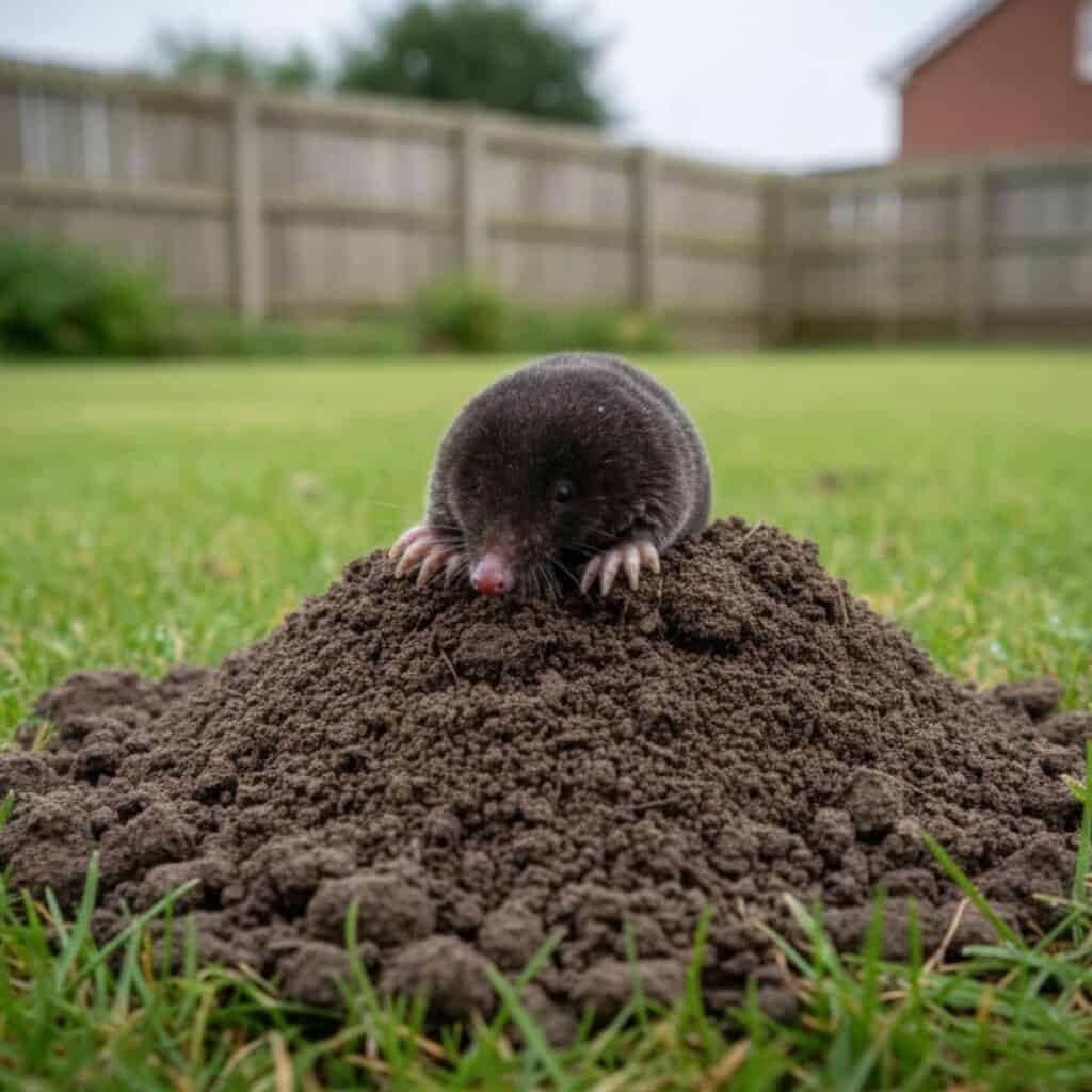A Mole emerging from a hole in a glasgow garden that shows the property needs mole control