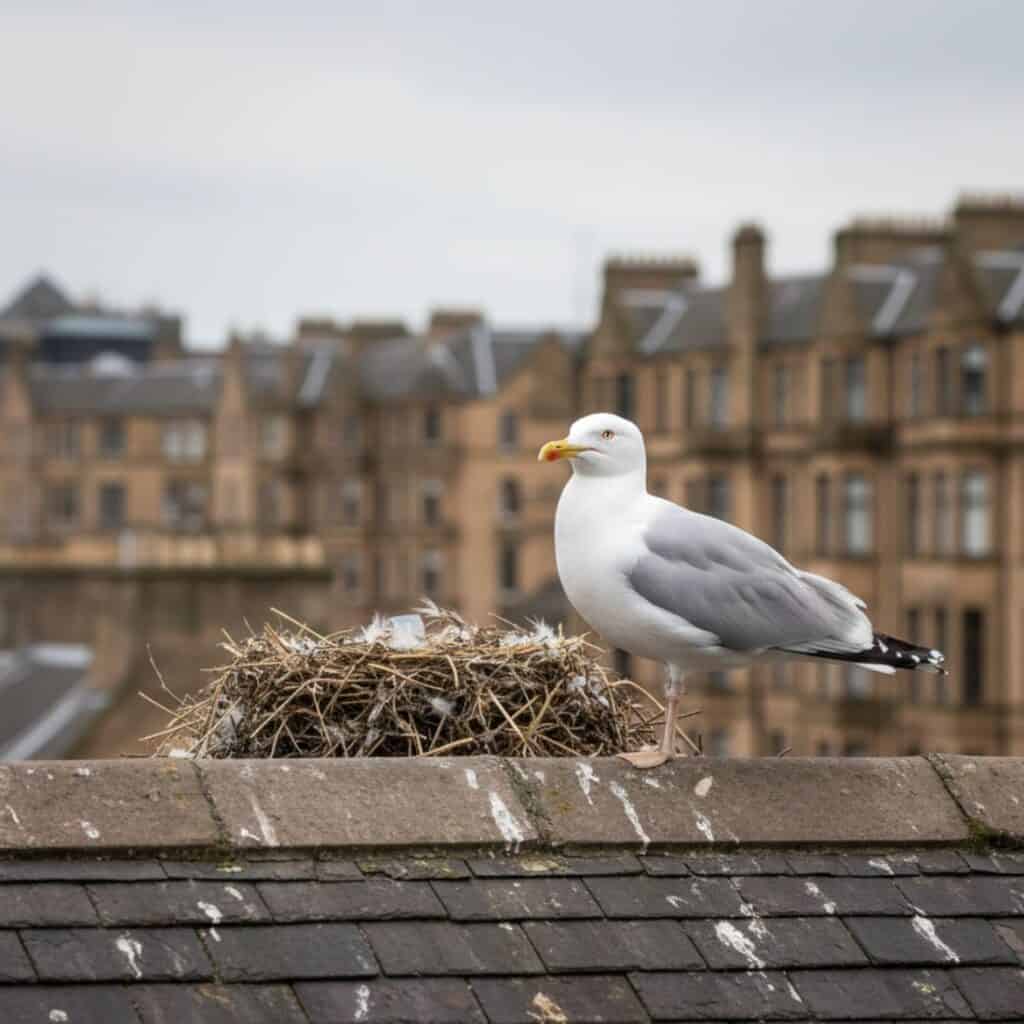 Seagull nesting on a rooftop in Glasgow