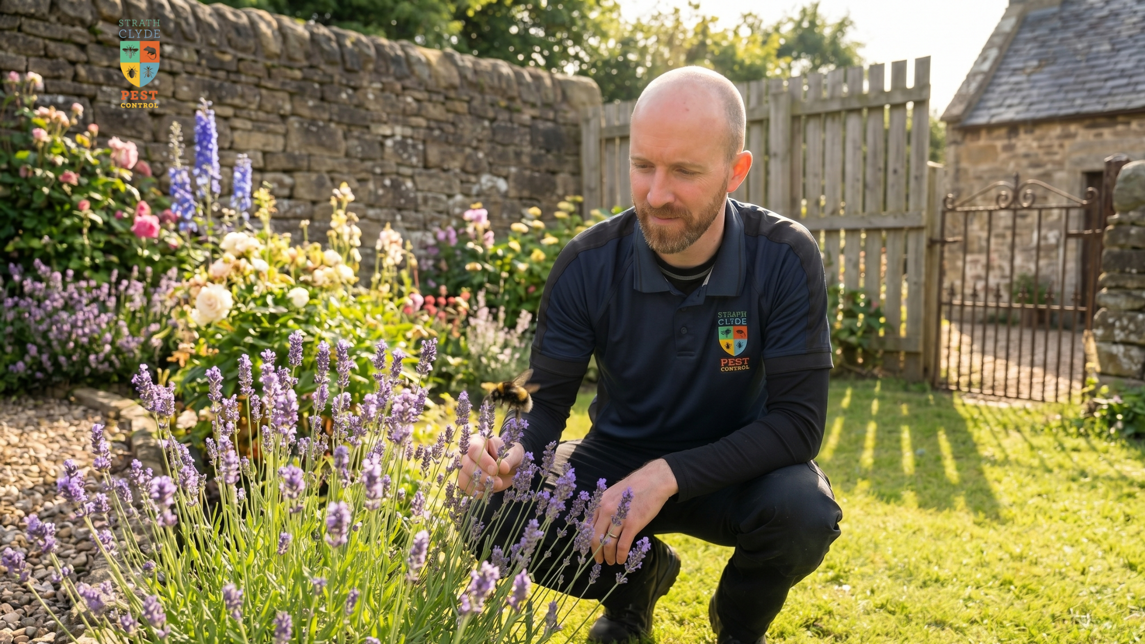 Strathclyde Pest Control technician observing a bumblebee in an East Kilbride garden