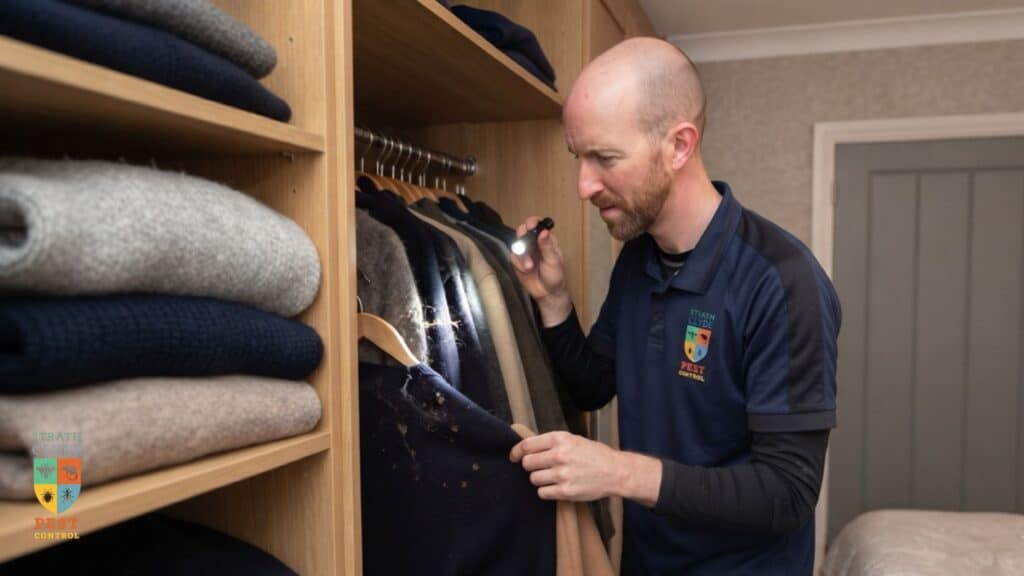 Pest Control Technician Moth Inspection Glasgow Strathclyde Pest Control technician inspecting a wardrobe for clothes moth infestation in Glasgow
