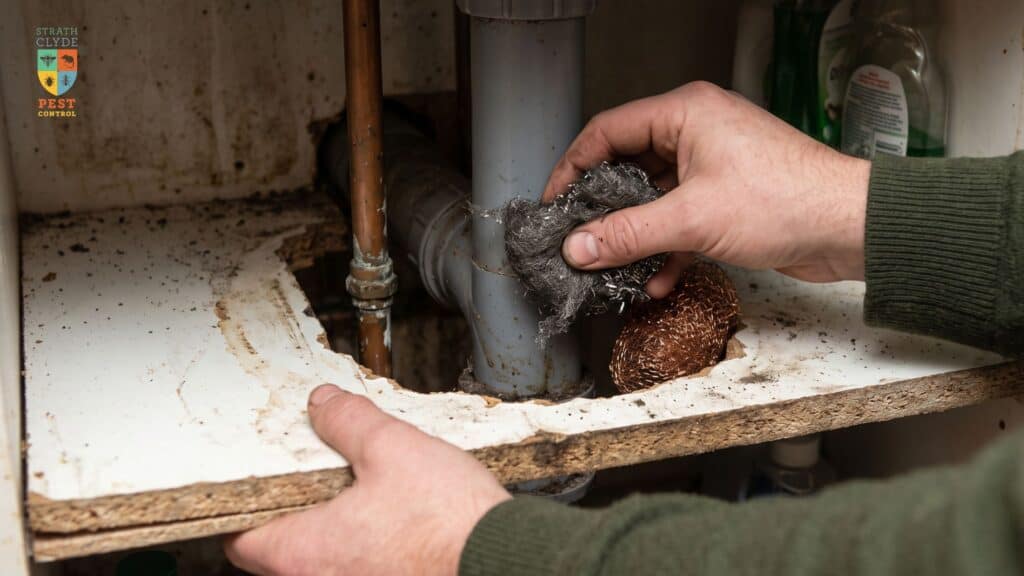 Blocking a mouse entry point with steel wool — Strathclyde Pest Control How to stop mice getting in — steel wool packed around a pipe under a kitchen sink to block entry points